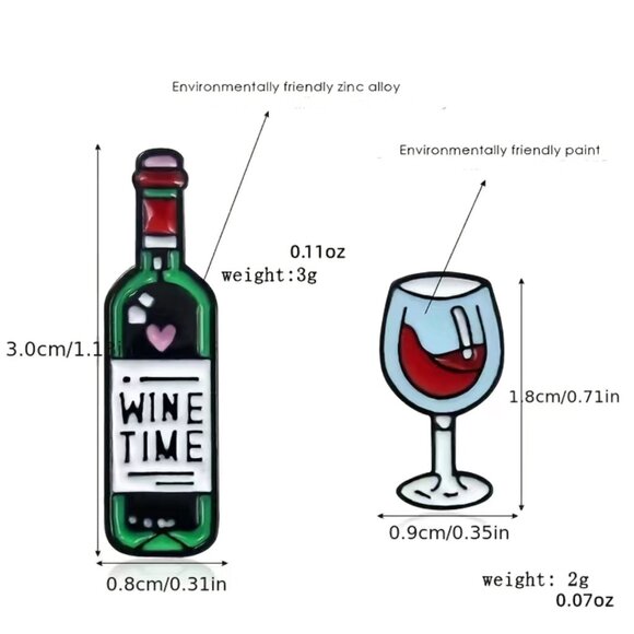 Wine Time! Bottle and Glass Enamel Pin Set Wino Adult 2 pieces Vino Vineyard - Picture 3 of 5